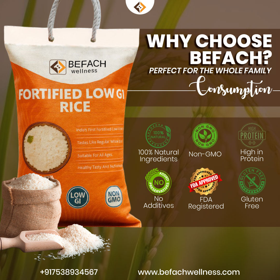 Befach Low GI Fortified Rice (4.5 Kgs) | Free of Pesticides, Non GMO, Certified Low GI &  White Rice Perfect for Diet & Diabetic People